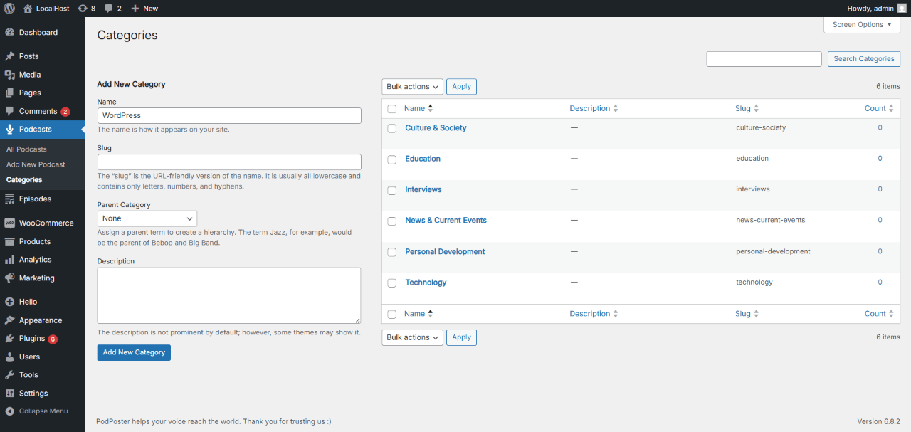 Podcast categories management page allowing you to organize episodes by topic.