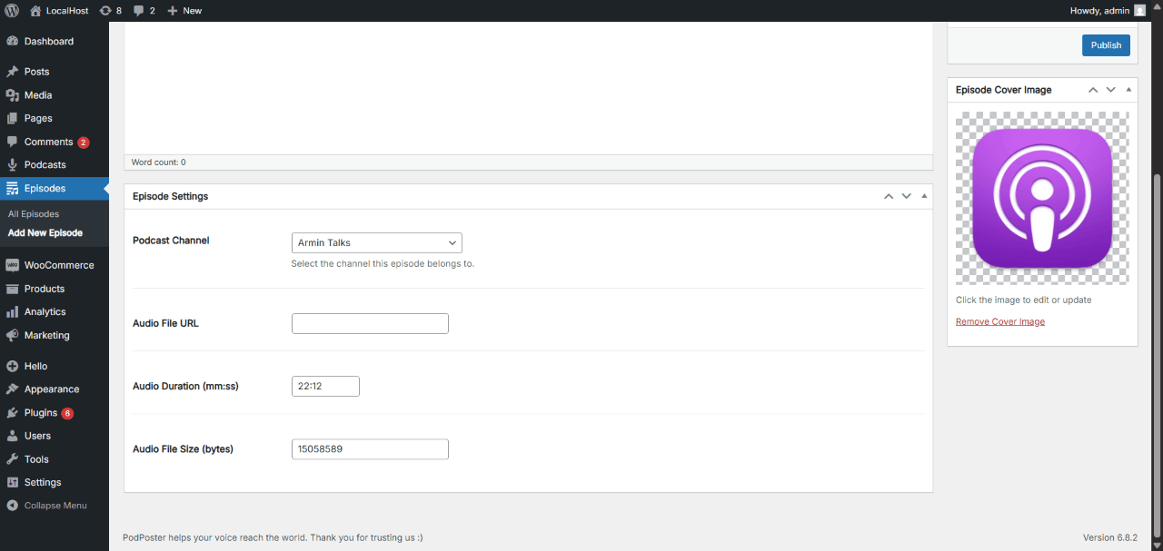 Episode details editing screen with audio file upload and metadata fields.