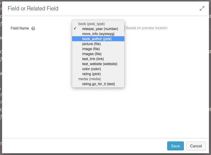 Example dropdown for different field types.