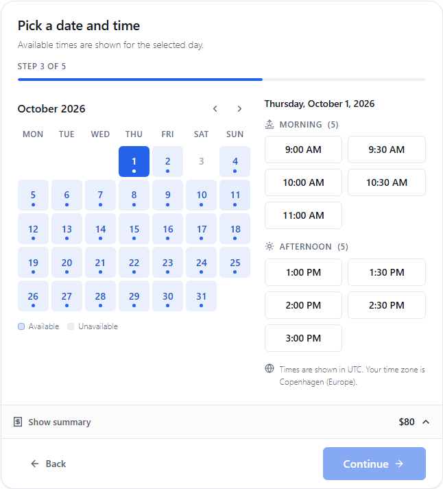 Booking wizard: date and time step