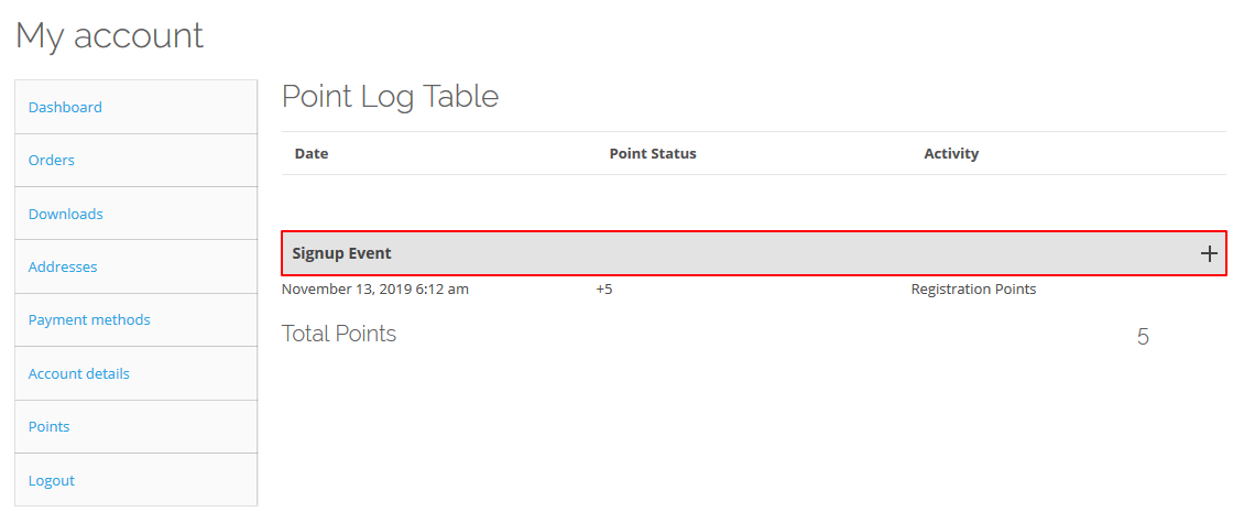 <p><strong>Customer's Earned Points Log Table</strong> - After Earn/Redeem points by the customer log will be listed here</p>