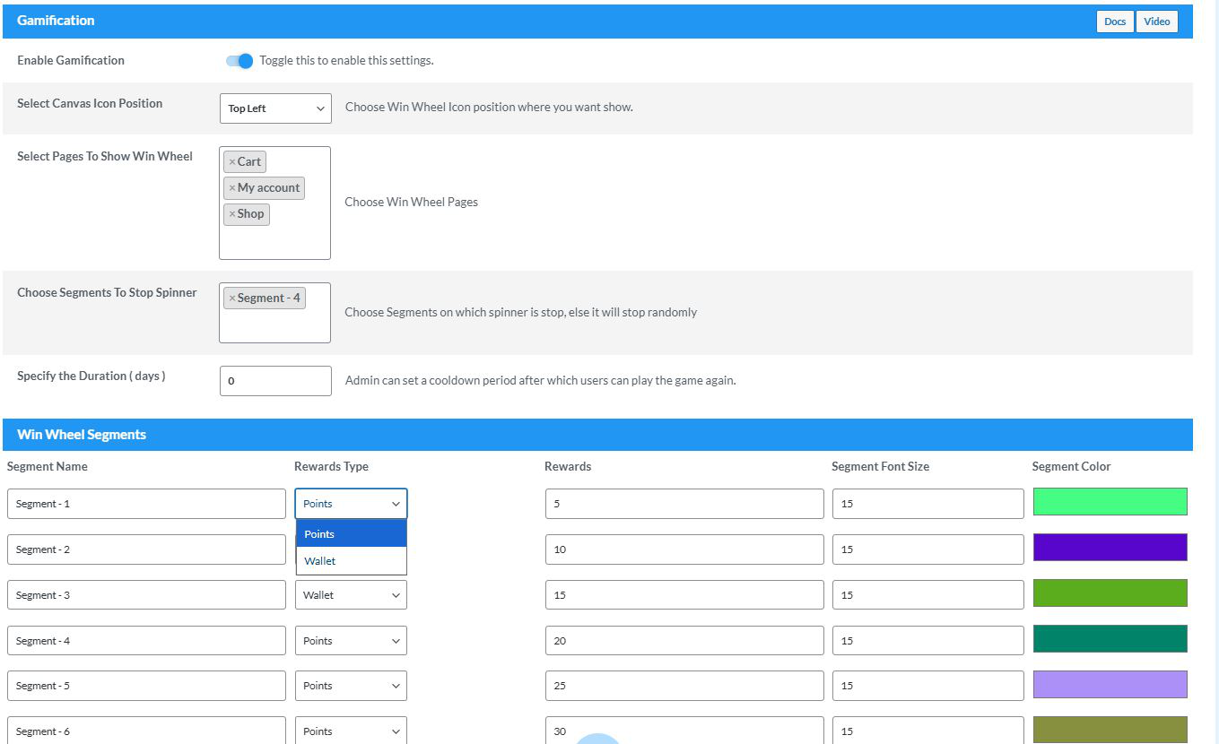 Gamification Settings - Allows customers to spin the wheel, and earn rewards