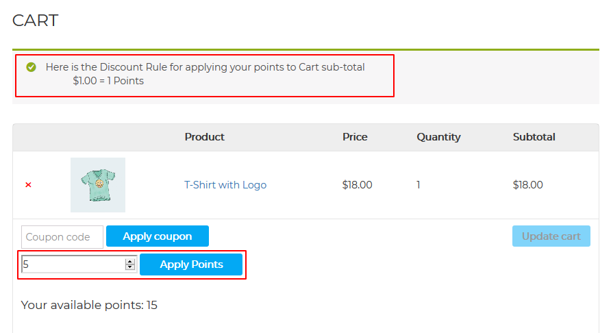 <p><strong>Redeem Points On Cart Page</strong> - Customer can redeem their points on the cart page and get a discount</p>