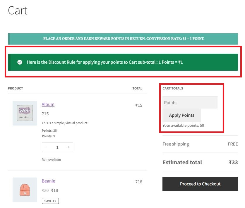 <strong>Redeem Points On Cart Page</strong> - Customer can redeem their points on the cart page and get a discount