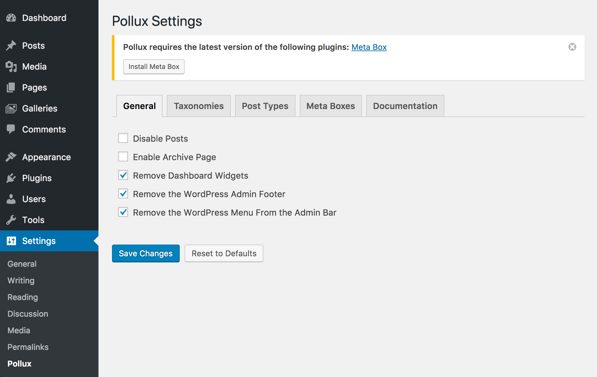 <p>A view of the Pollux settings "General" tab</p>