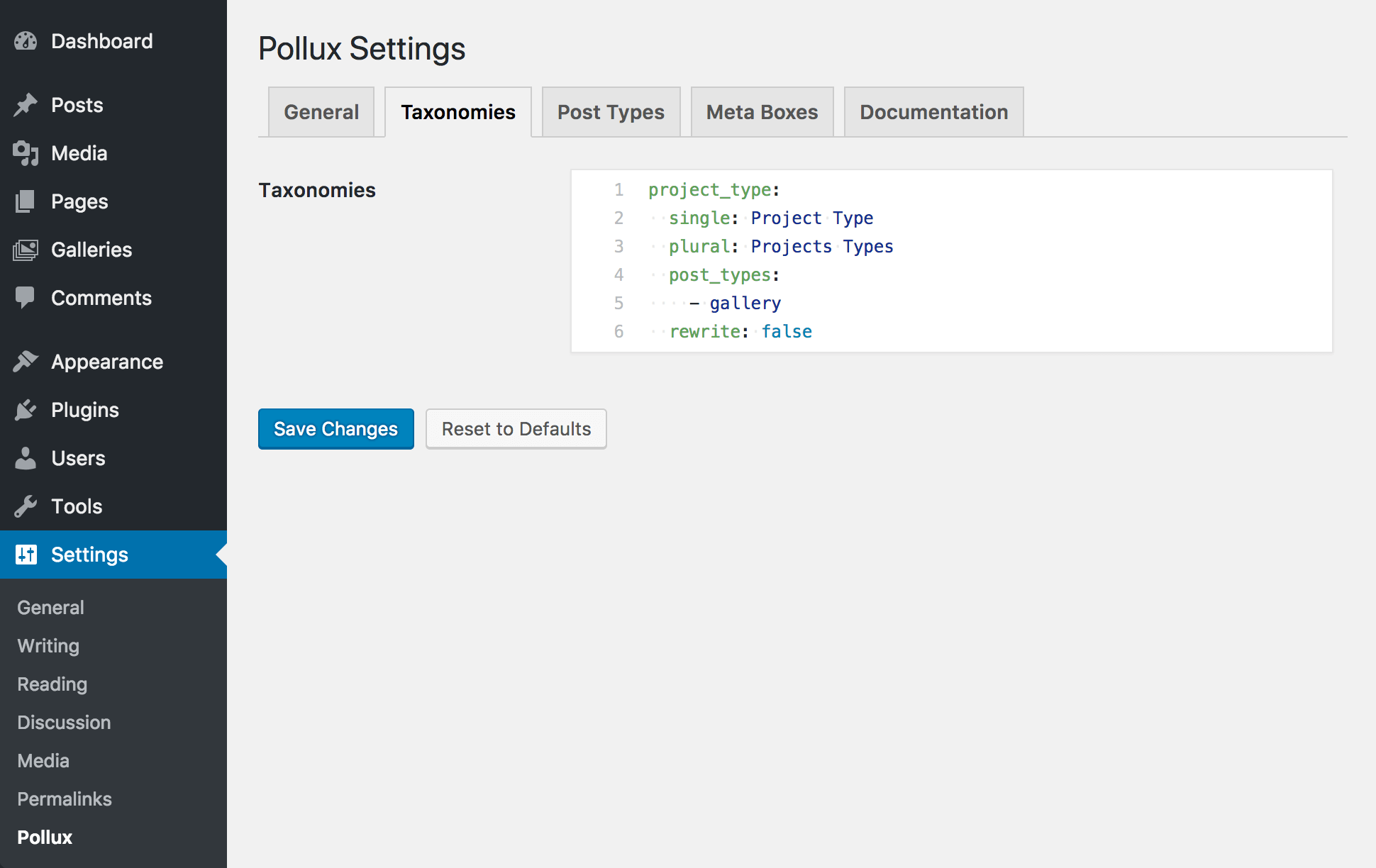 <p>A view of the Pollux settings "Taxonomies" tab</p>