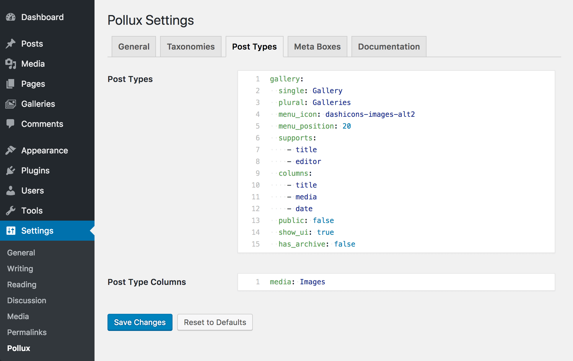 <p>A view of the Pollux settings "Post Types" tab</p>