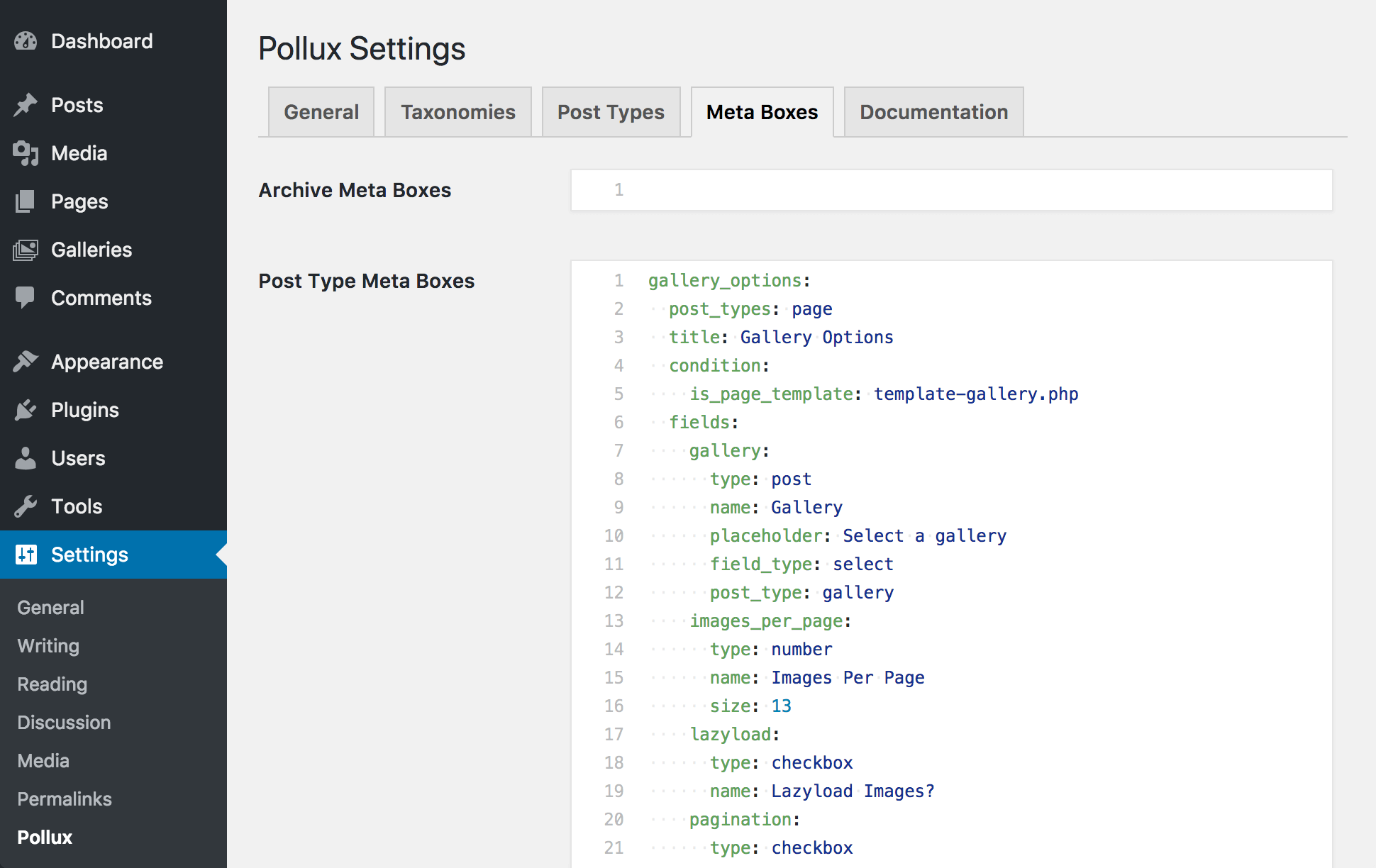 <p>A view of the Pollux settings "Meta Boxes" tab</p>