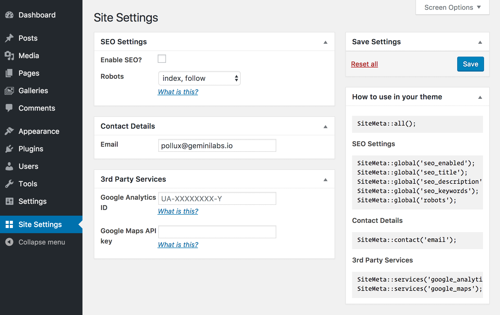 <p>A view of the "Site Settings" page</p>