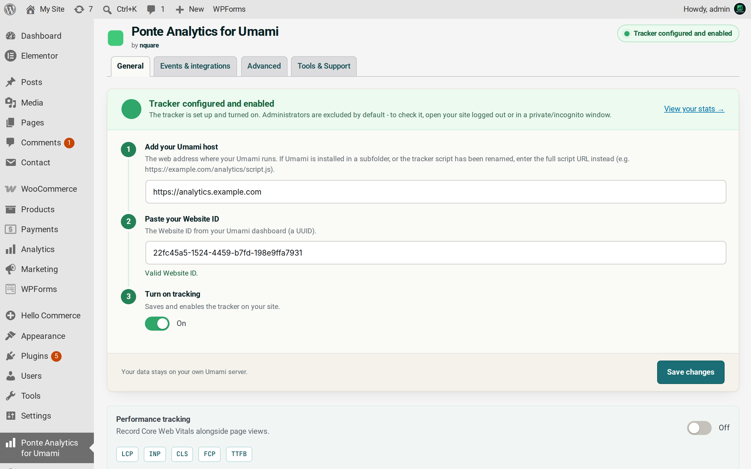 The Ponte Analytics for Umami settings screen - General, Events & integrations, Advanced, and Tools & Support tabs.