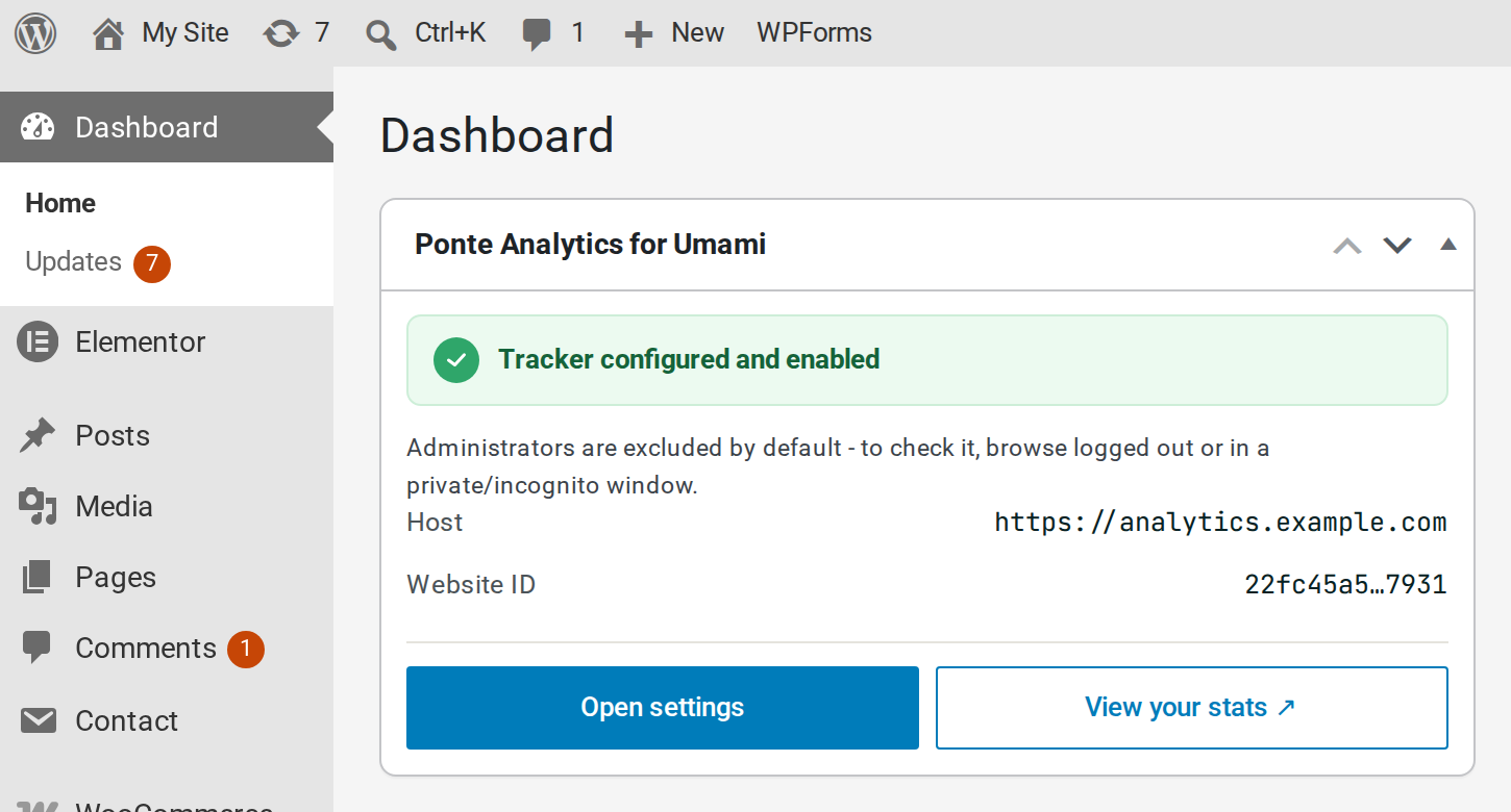The WordPress dashboard status widget, showing your tracker configuration at a glance.