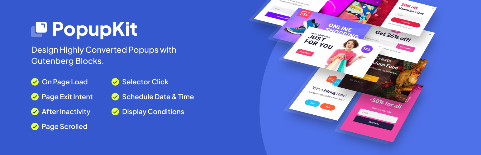WordPress 外掛 PopupKit – Popup Builder Blocks for Gutenberg 的封面圖片。