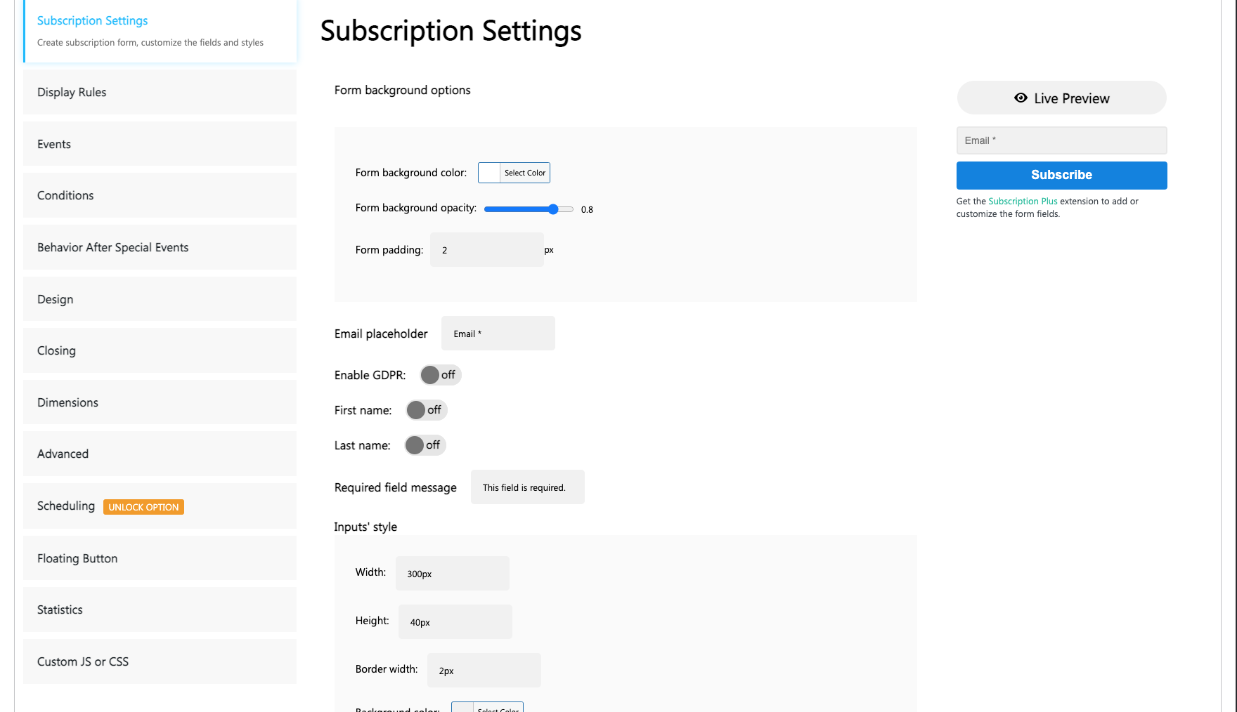 Subscription settings