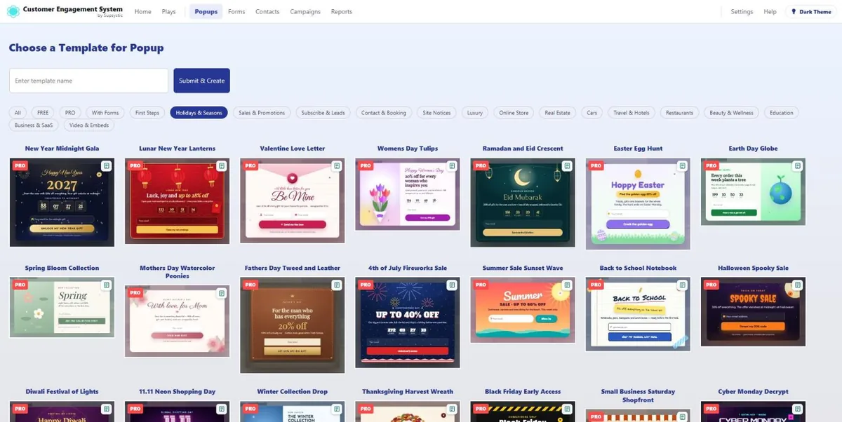 Template library: animated popups installed in one click together with their forms and emails.