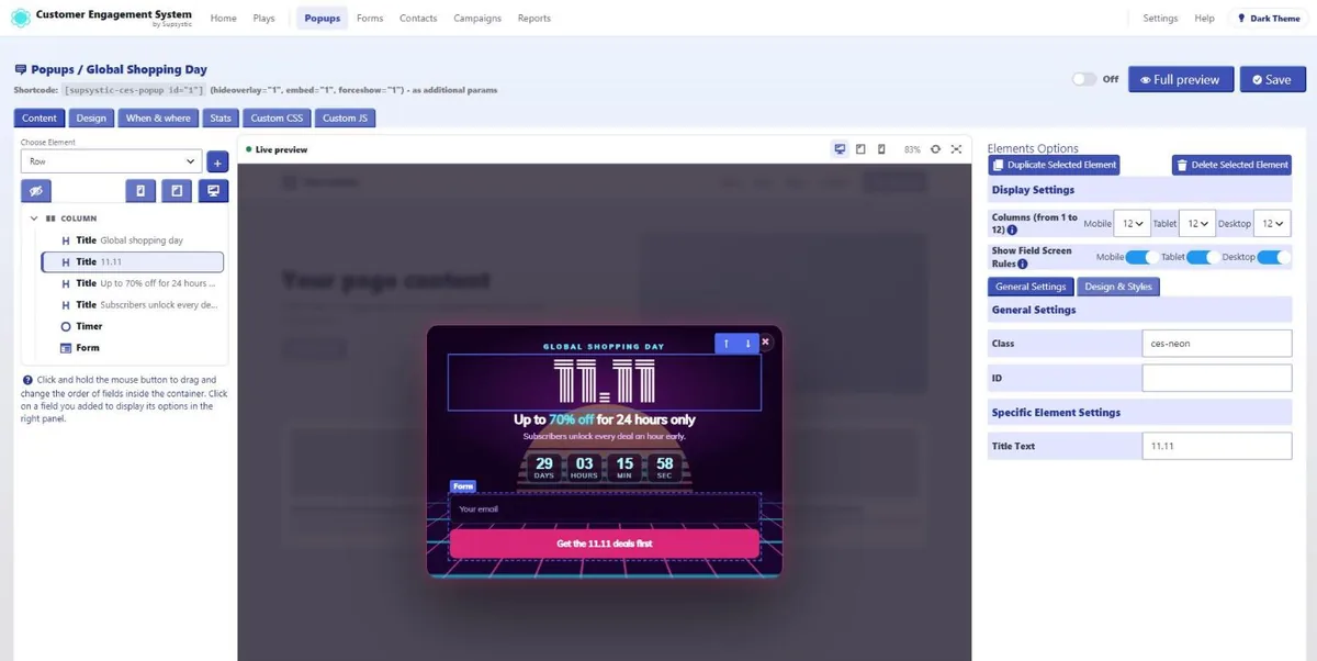Popup editor with live preview: click any element to edit it.