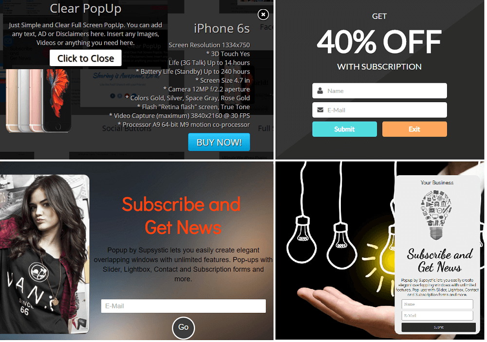 Full screen, Clear popup, Subscription Forms