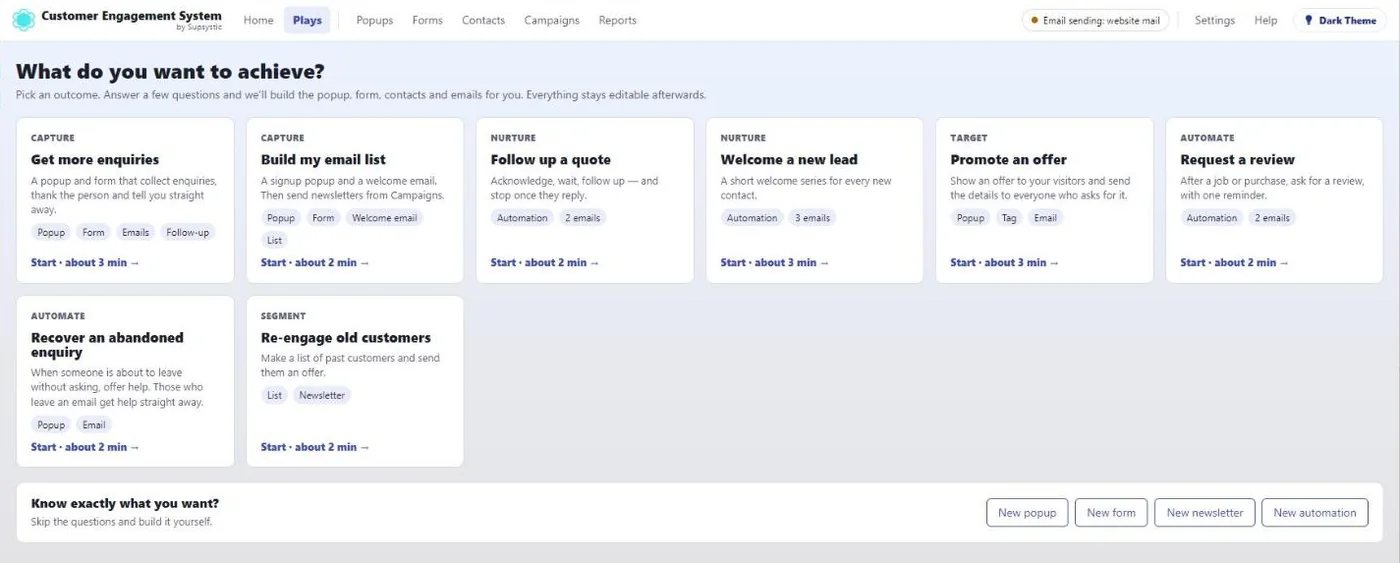 Plays: pick a goal and CES builds the popup, form, tags and emails.