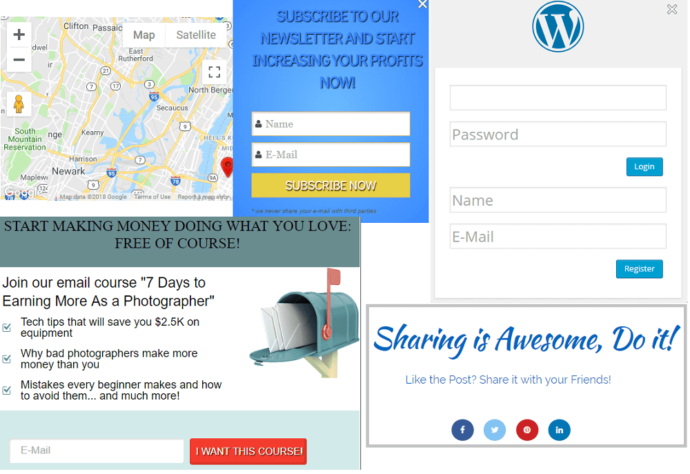 Popup with google map, Social Buttons, Login and more