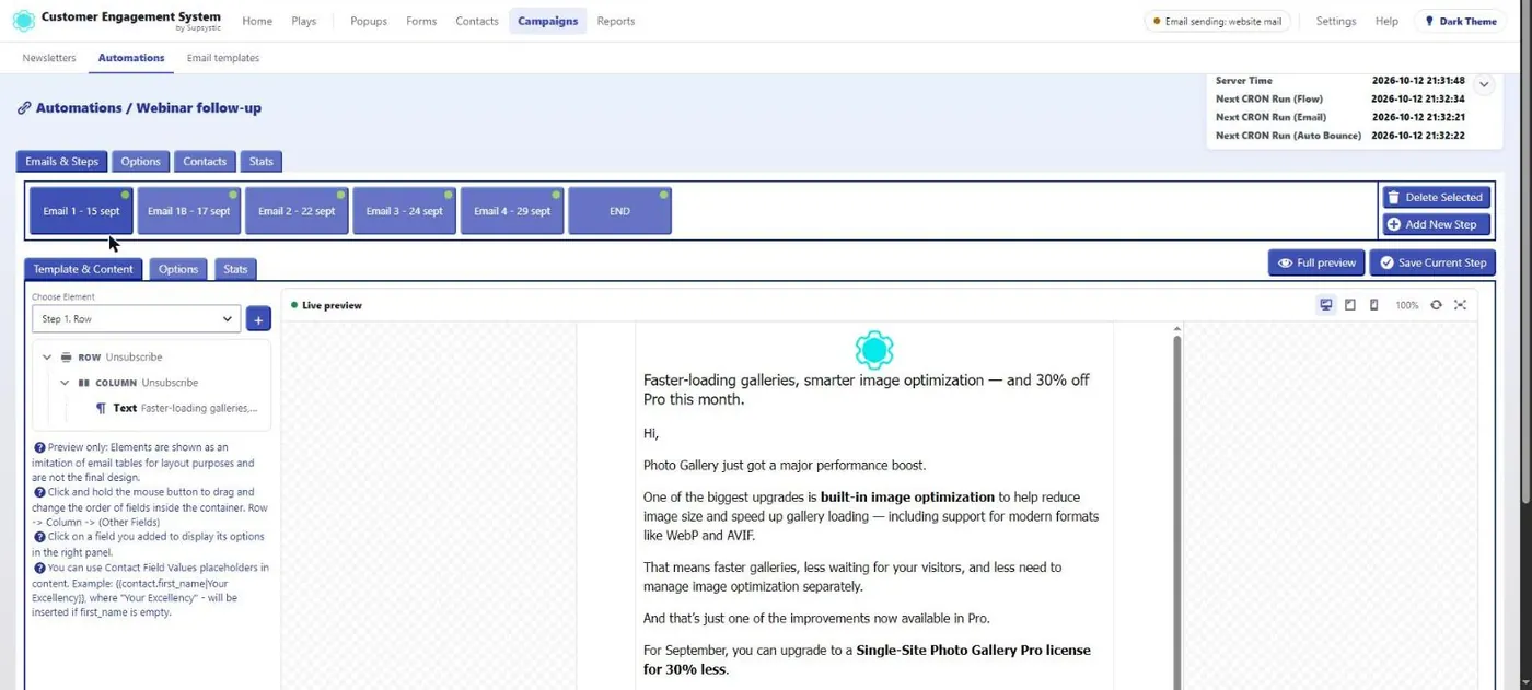 Visual email editor with live preview and placeholders.
