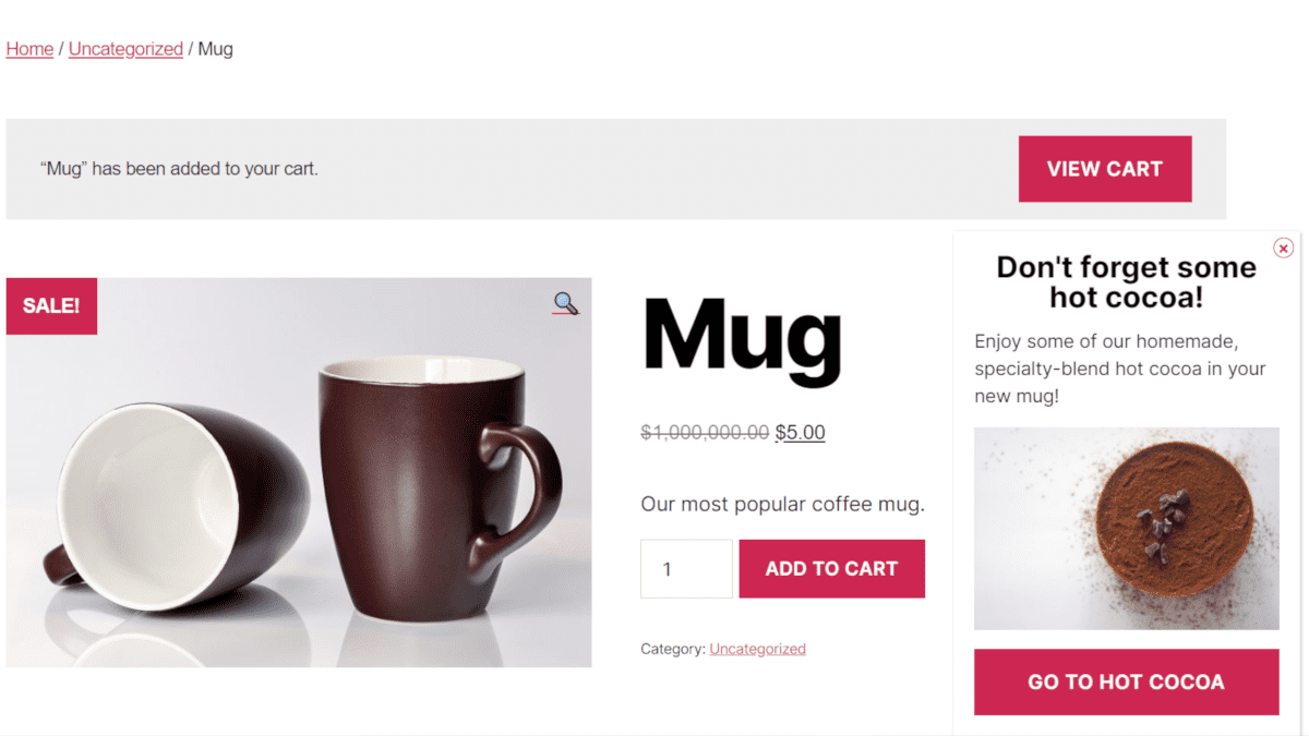 Example popup using our WooCommerce extension to make a popup appear when a product is added to their cart.