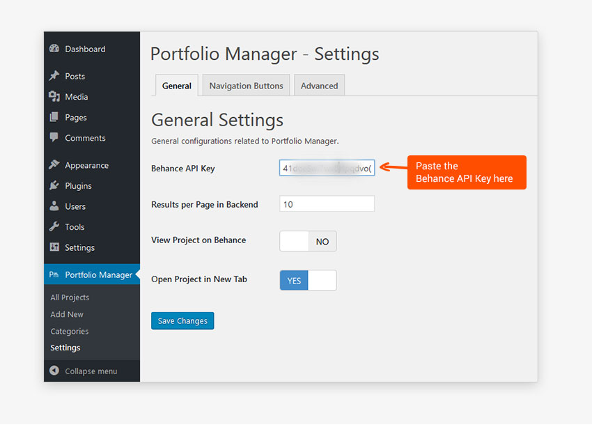<strong>Set Behance API Key</strong> - Set the Behance API generated after registering Behance App under Portfolio Manager -> Settings -> General