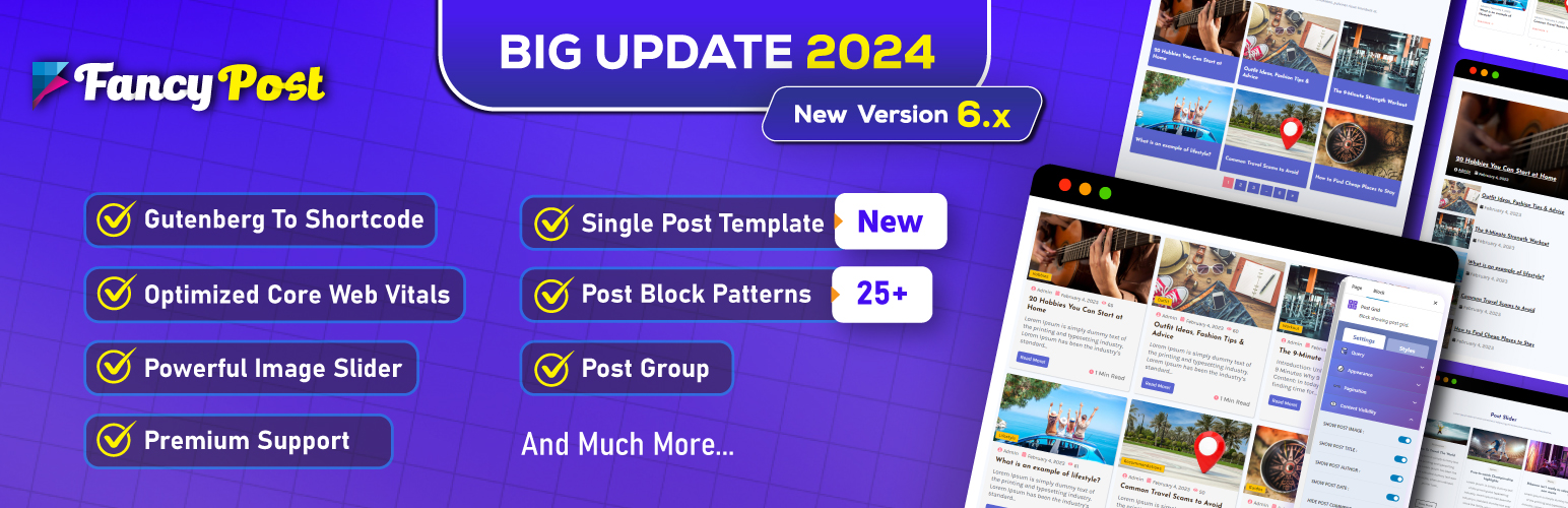 WordPress 外掛 FancyPost – Best Ultimate Post Block, Post Grid, Layouts, Carousel, Slider For Gutenberg & Elementor 的封面圖片。