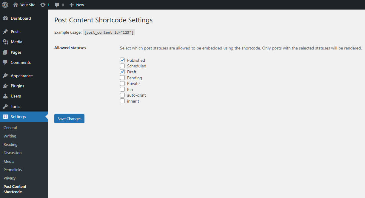 Settings page showing allowed post statuses.