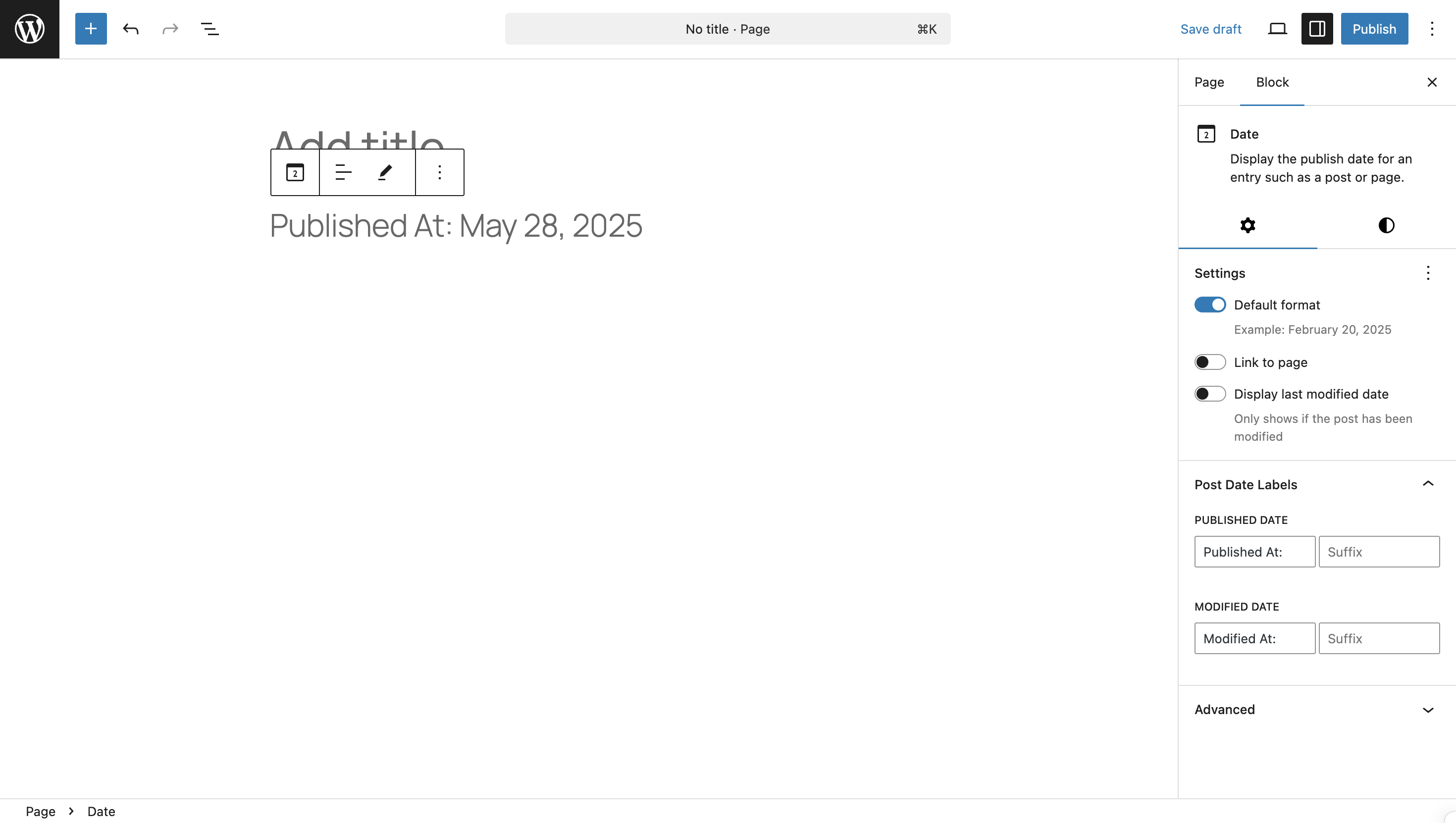Post Date block with custom prefix and suffix labels in the editor
