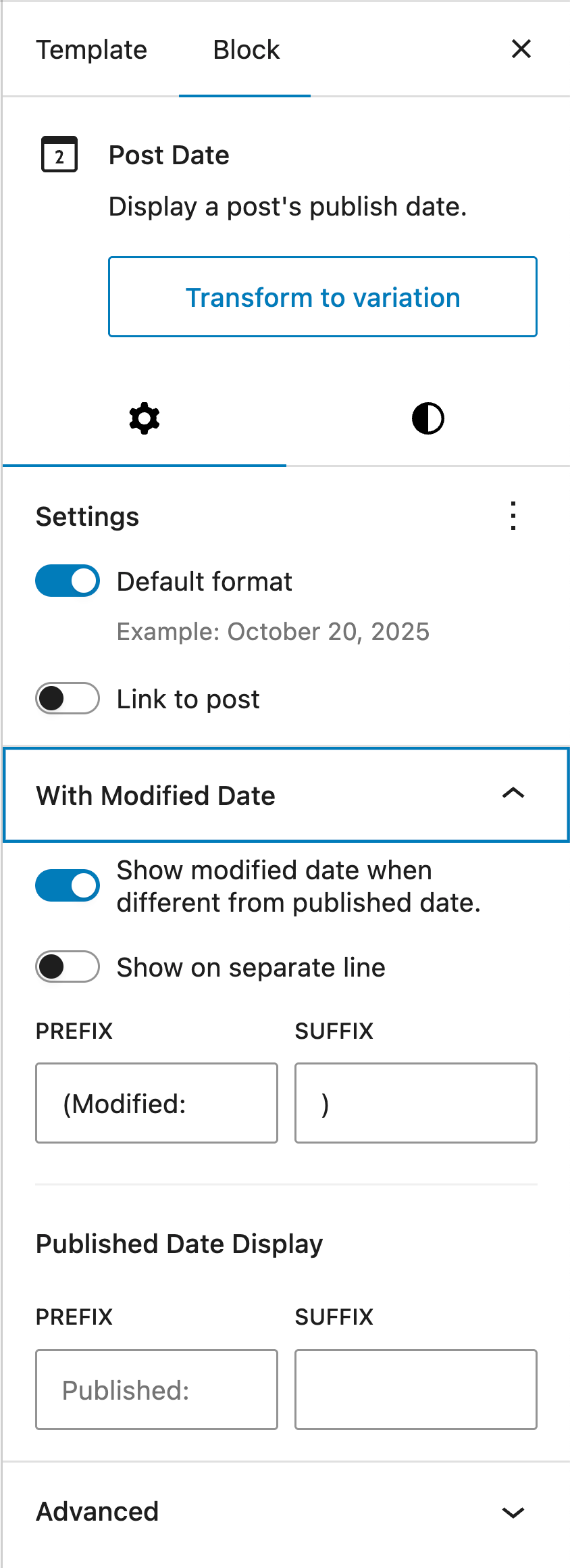 Settings for prefix and suffix on modified date only with line break removed