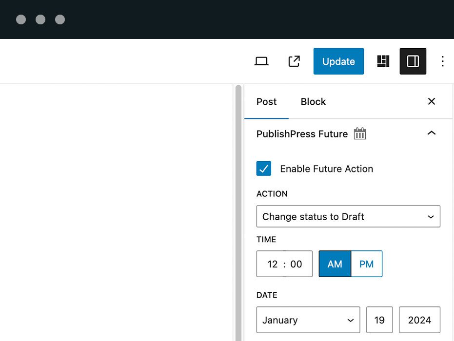 You can select future action dates in the right sidebar when you are editing a post. This works with Gutenberg, the Classic Editor, and most page builder plugins.