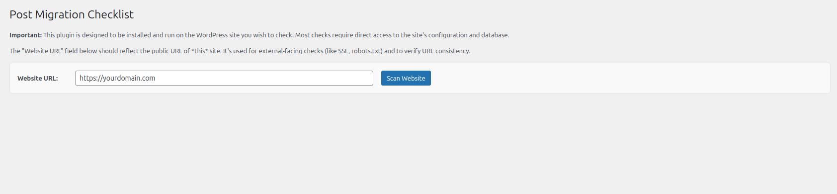 Screenshot of the main Post Migration Checklist dashboard with the "Scan Website" button.