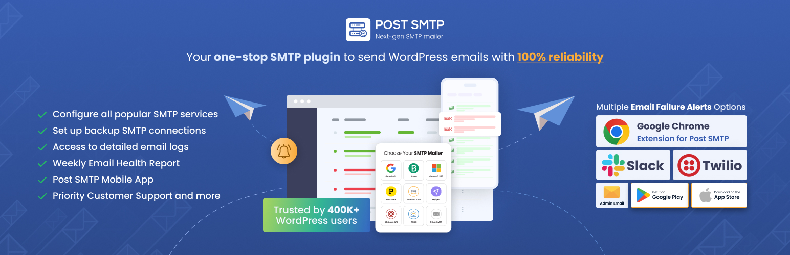 Post SMTP – WP SMTP Plugin with Email Logs & Mobile App for Failure Alerts – Any SMTP Plus Gmail SMTP, Office 365, Brevo, Mailgun, Amazon SES, Postmark