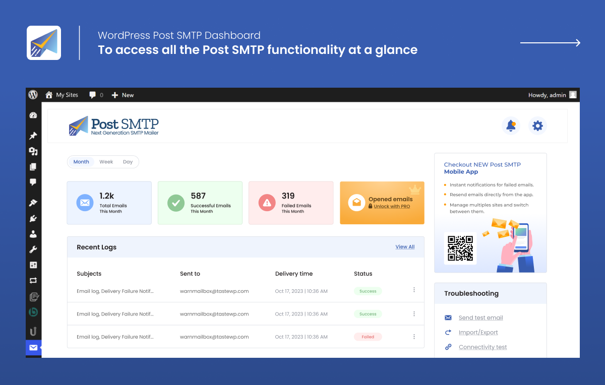 Painel do Post SMTP no WordPress - Para acessar todos os recursos do Post SMTP em um piscar de olhos.