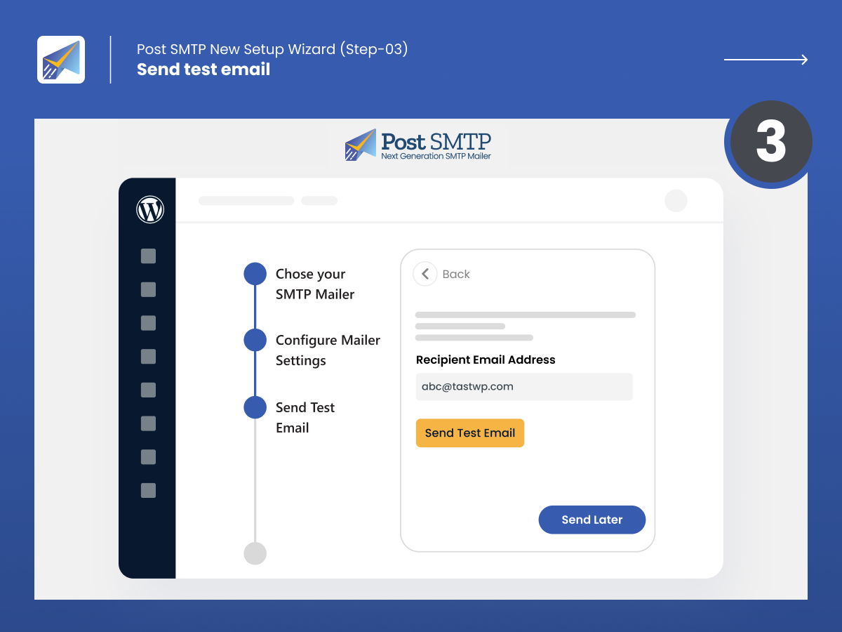 Novo assistente de configuração do Post SMTP (Etapa 03) - Envie um e-mail de teste