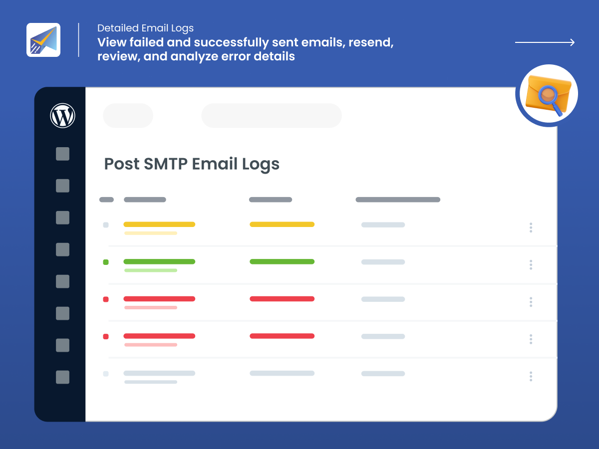 Registros detalhados de e-mail - Visualize e-mails enviados com falha e com êxito, reenvie, pré-visualize e analise detalhes de erros