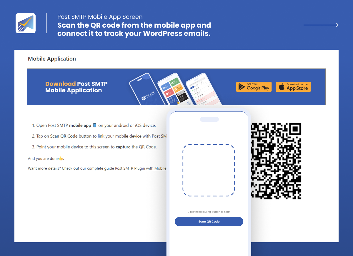 Tela do aplicativo móvel do Post SMTP - Digitalize o código QR do aplicativo móvel e conecte-o para rastrear seus e-mails do WordPress.