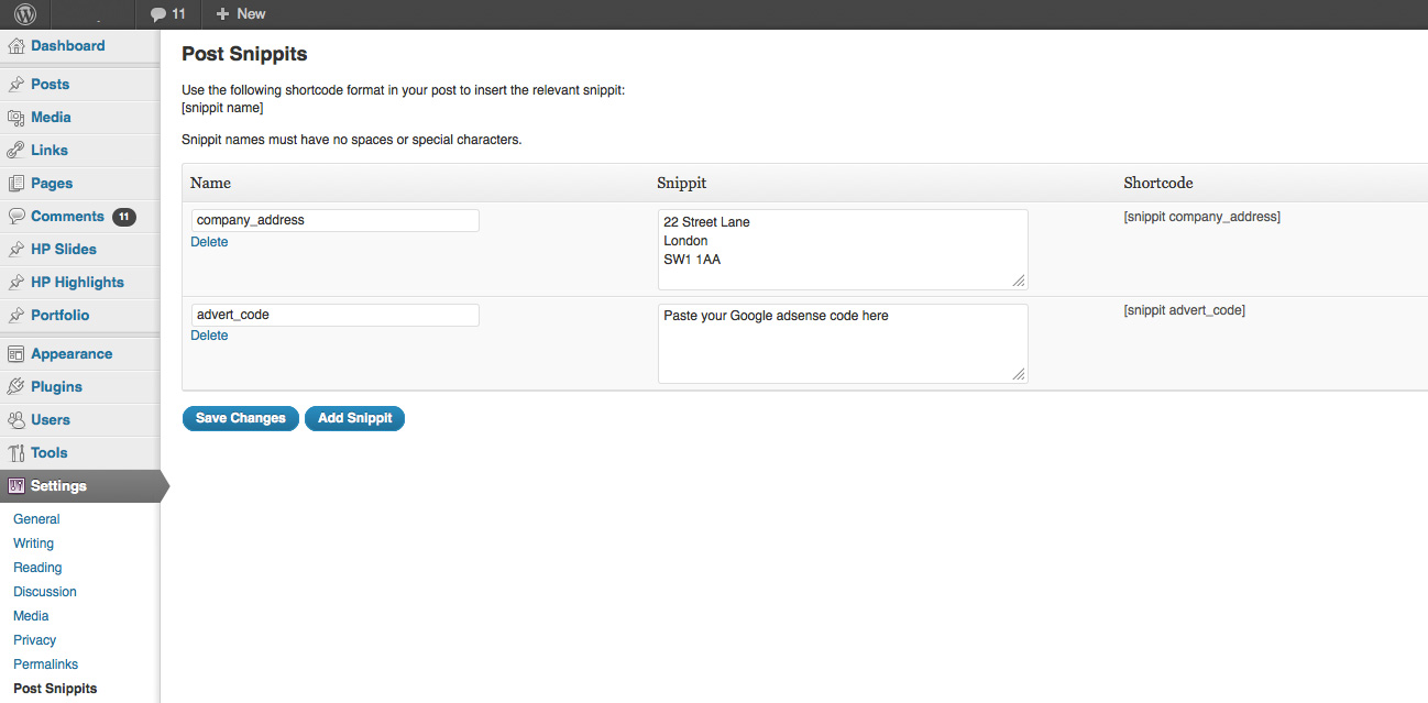 Defining snippits in the Settings page