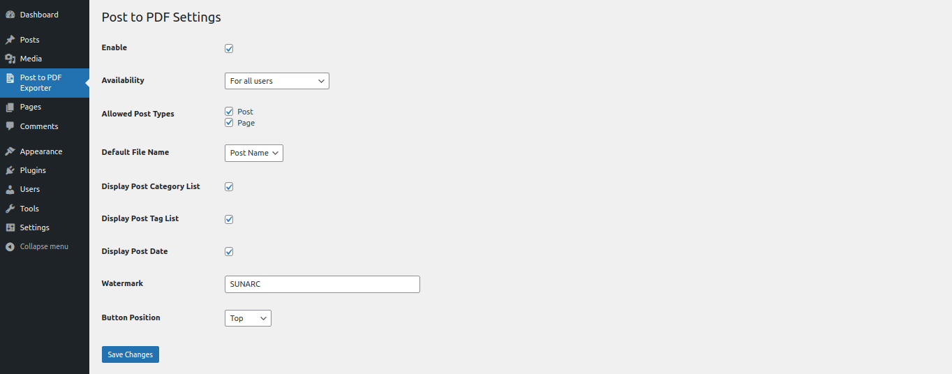 Plugin settings page with customization options.