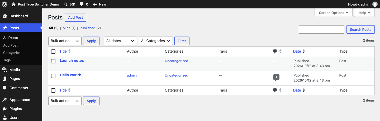 "Type" column in the Posts screen.