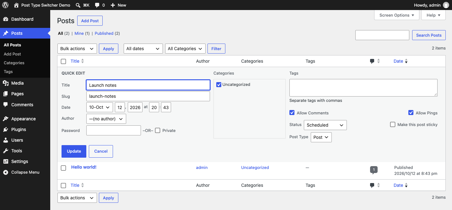 "Post Type" interface in Quick Edit.