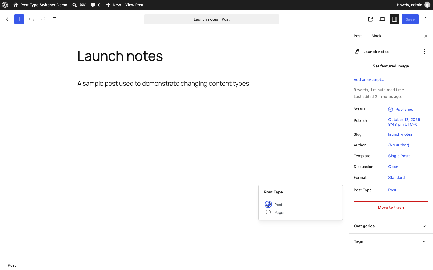 "Post Type" chooser in the Block Editor.