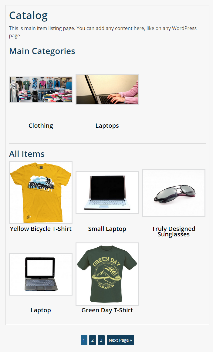 Product Catalog Simple main listing with categories and items enabled. The 