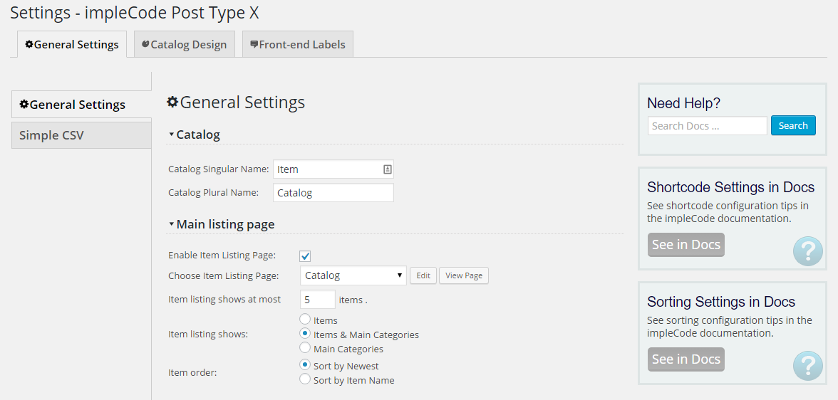 Main catalog settings screen