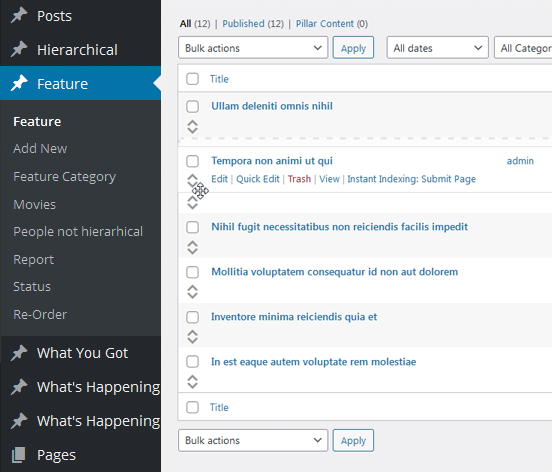 <p>Sort can be managed within default WordPress post type interface.</p>