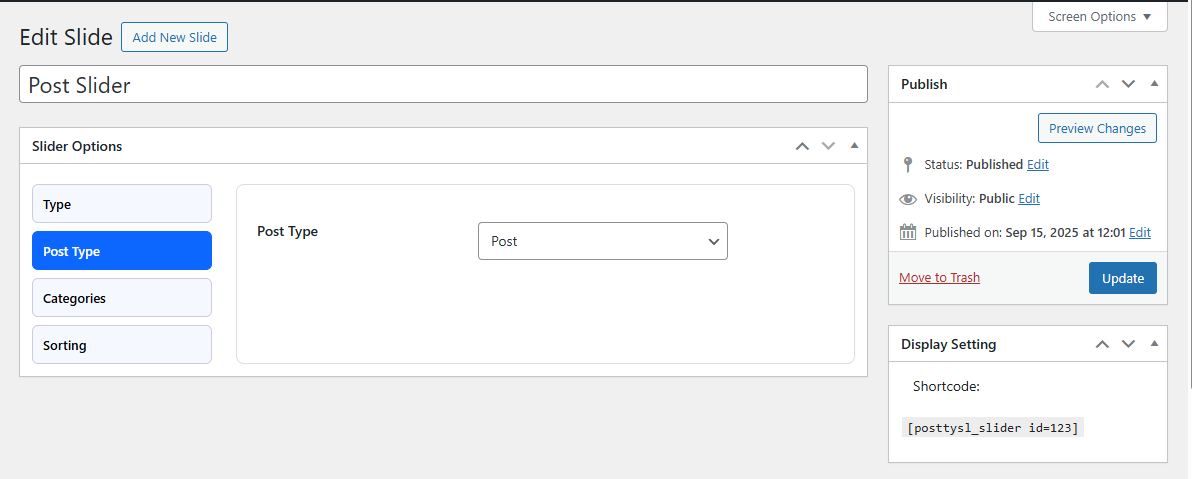 Slider Options – Post Type: Select any WordPress post type, including custom post types.