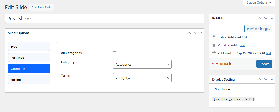 Slider Options – Categories: Filter content by specific categories or display posts from all categories.