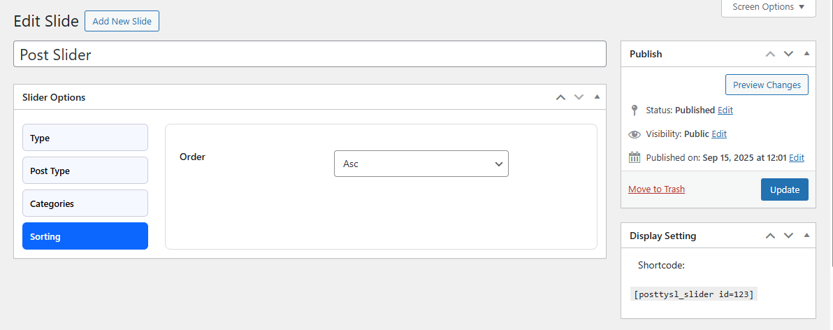 Slider Options – Sorting: Configure the display order of posts (ASC or DESC).