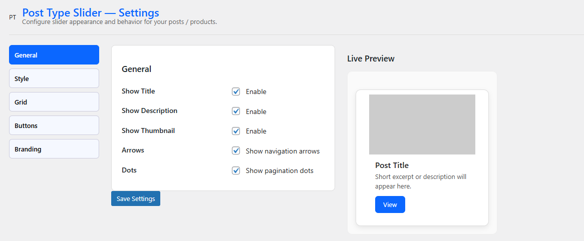 General Settings: Toggle the display of title, description, thumbnails, carousel, and navigation arrows.