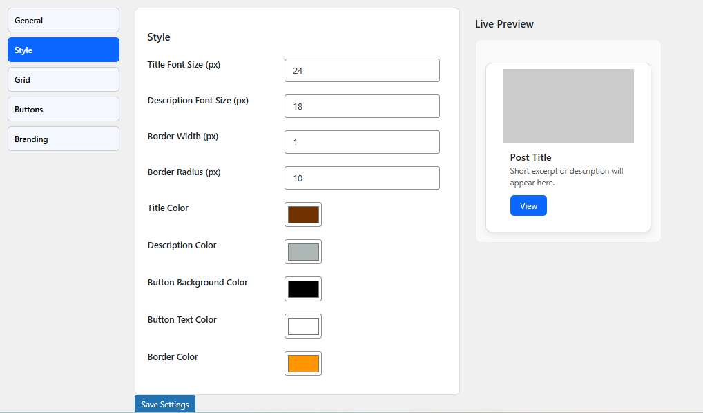 Style Settings: Customize fonts, colors, and layouts with dynamic live preview.