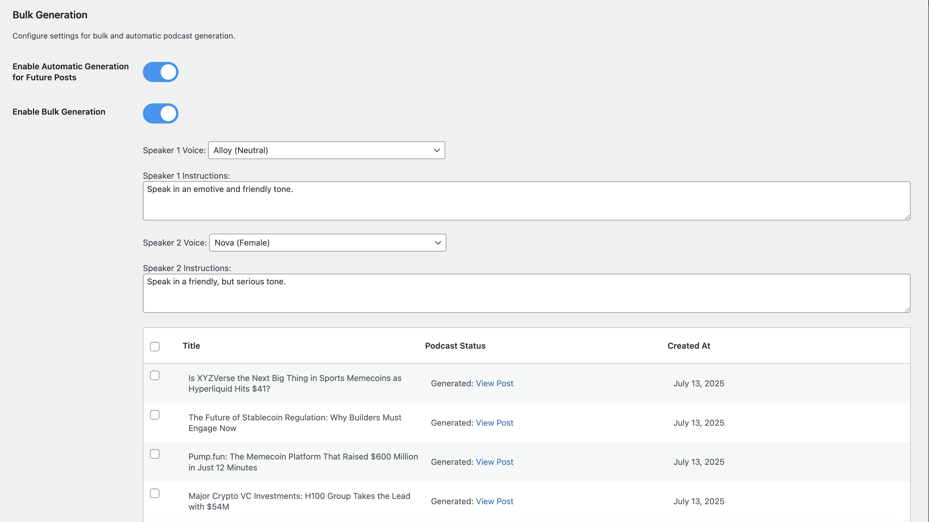 Plugin settings page with subscription management